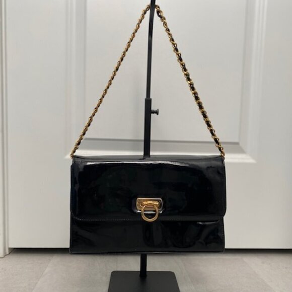 VINTAGE Giani Bernini Black Patent Faux Leather Crossbody Handbag Purse - Picture 5 of 16